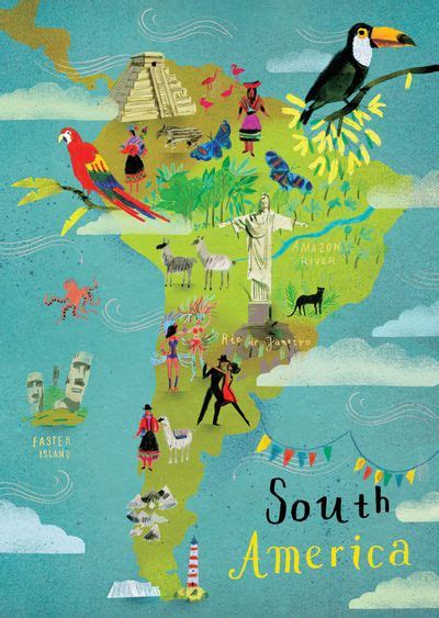 an illustrated map of south america with birds, people and animals on it's sides