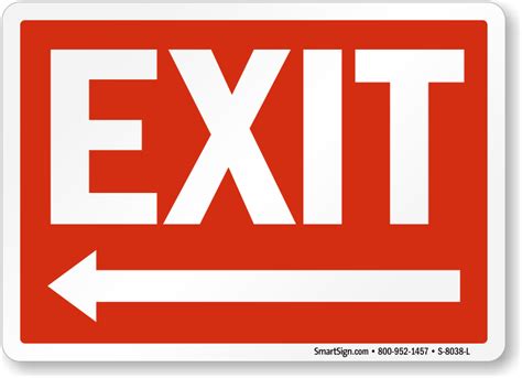 Exit with Left Arrow Sign, White On Red, SKU: S-8038-L