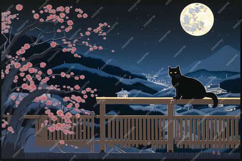 Premium AI Image | A black cat sits on a fence in front of a full moon.