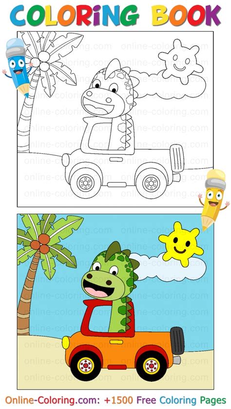 Funny Dino Driving a Car on the Beach | Free Online Coloring Page