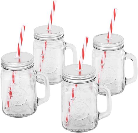 Amazon.com: Mason Jar Mugs with Handle, SILVER Lid and Plastic Straws. 16 Oz. Each. Old Fashion ...