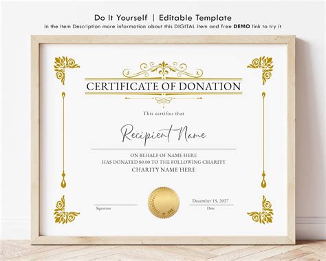 Editable Certificate of Donation Template, Printable Charity Donation ...