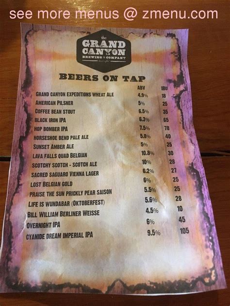 Menu at Grand Canyon Brewing + Distillery pub & bar, Williams, 301 N 7th St