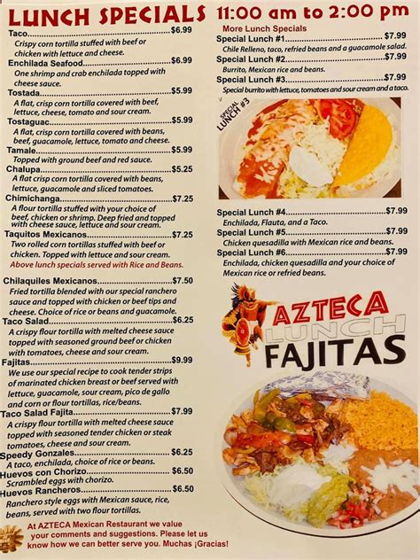 Menu at El Azteca restaurant, Worthington