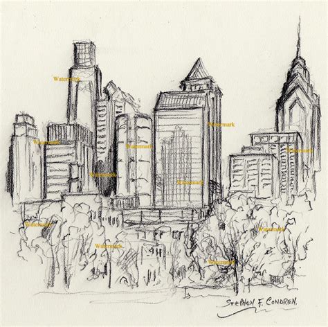 Philadelphia Skyline Charcoal Drawing Of Downtown #798 – Condren Galleries Ltd.