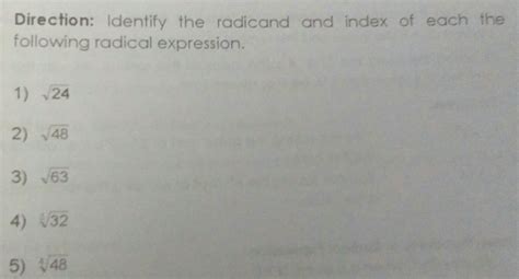 Solved: Direction: Identify the radicand and index of each t[algebra ...