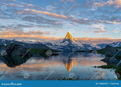 Morning Shot of the Matterhorn Monte Cervino, Mont Cervin Pyramid and Stellisee Lake. Stock ...