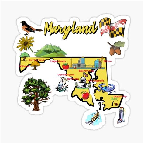 "Hand Drawn Illustration of Maryland Map with Tourist Destinations ...