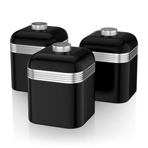 SWAN SET OF 3 TEA COFFEE SUGAR BLACK CANISTERS JAR KITCHEN STORAGE ...