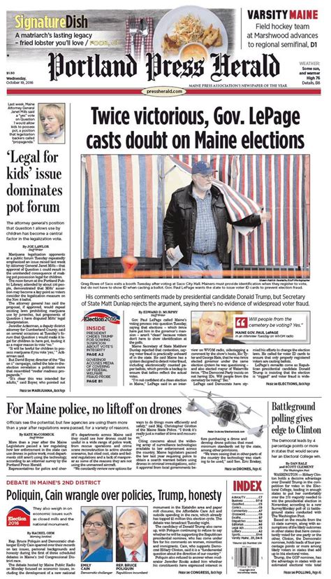 Today's Portland Press Herald front page, Wednesday, October 19, 2016 ...