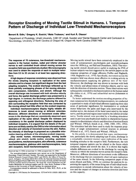 (PDF) Receptor encoding of moving tactile stimuli in humans. I ...