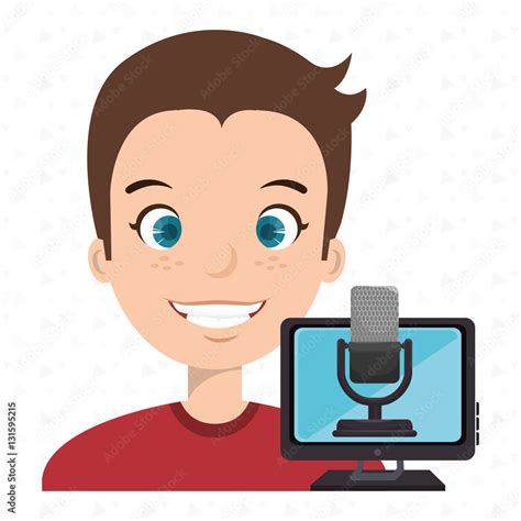 man cartoon speak microphone screen pc vector illustration Stock Vector ...