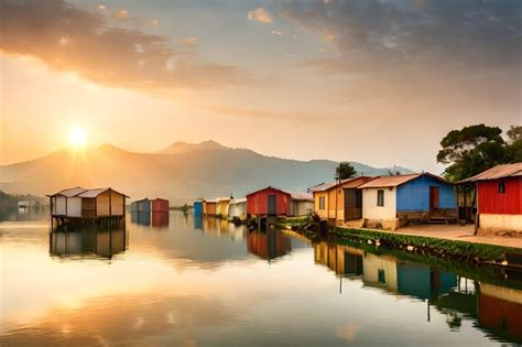 Premium Photo | A boathouse is on the water with the sun setting behind it.