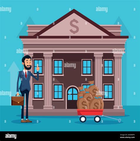 cartoon businessman in front of the bank with trollery with money bags Stock Vector Image & Art ...