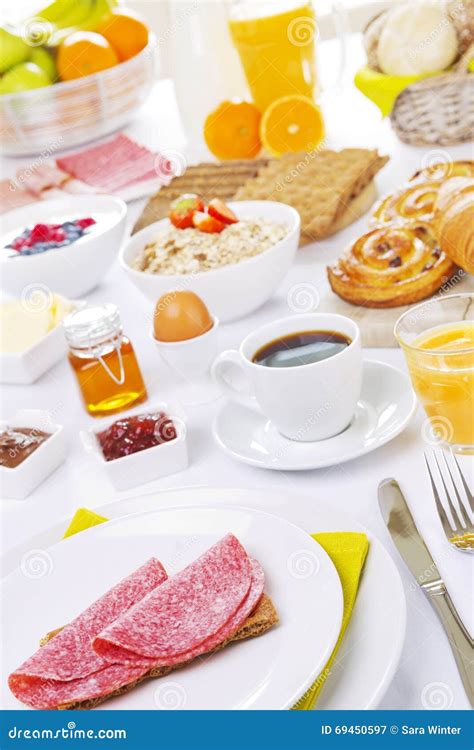 Table Full with Continental Breakfast Items, Brightly Lit Stock Image - Image of healthy ...