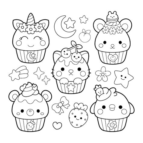 Premium Vector | Cute cupcake characters kawaii coloring page illustration