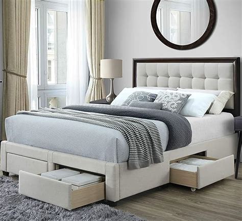 DG Casa Soloman Upholstered Panel Bed Frame with Storage Drawers and Wood Trim Tufted Headboard ...