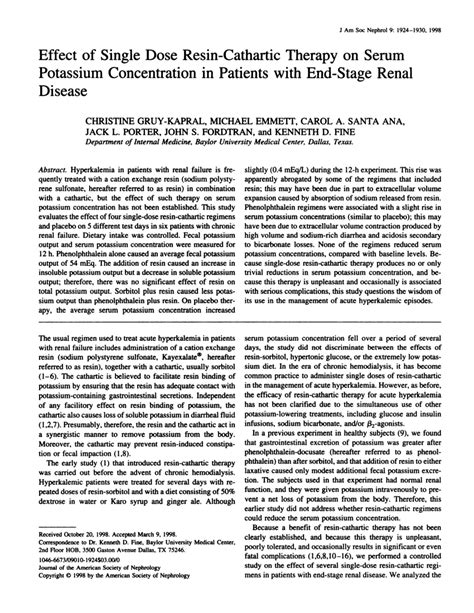 (PDF) Effect of single dose resin-cathartic therapy on serum potassium ...