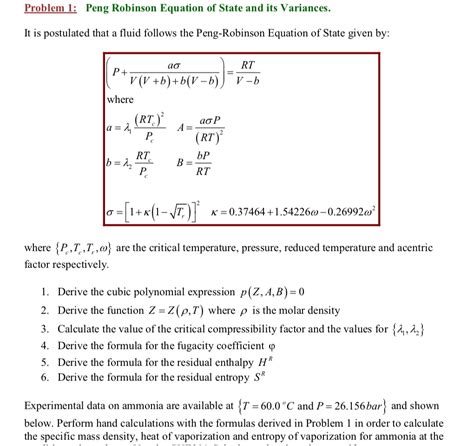 Problem 1: Peng Robinson Equation of State and its | Chegg.com