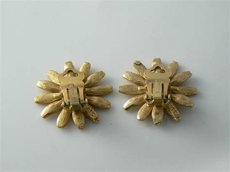 Enamel Sunflower Clip On Earrings Signed Art - Vintage Lane Jewelry