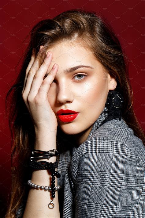 beautiful girl with red lips | High-Quality Beauty & Fashion Stock Photos ~ Creative Market