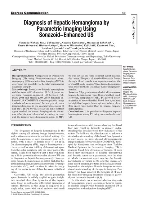 (PDF) Diagnosis of Hepatic Hemangioma by Parametric Imaging Using Sonazoid-Enhanced US