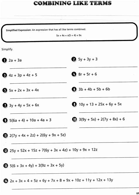 Worksheet On Combining Like Terms