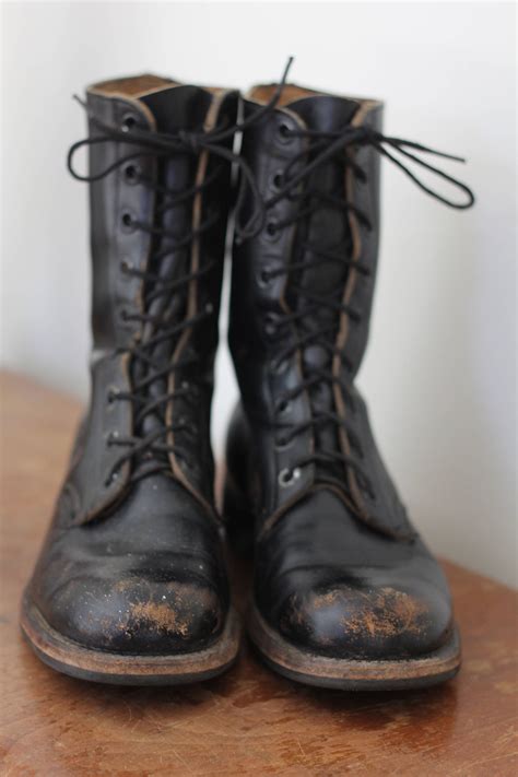 Black Leather Boots Size 8 Men's Lace Up Military Combat Work Boots Vintage Heavy Distressed