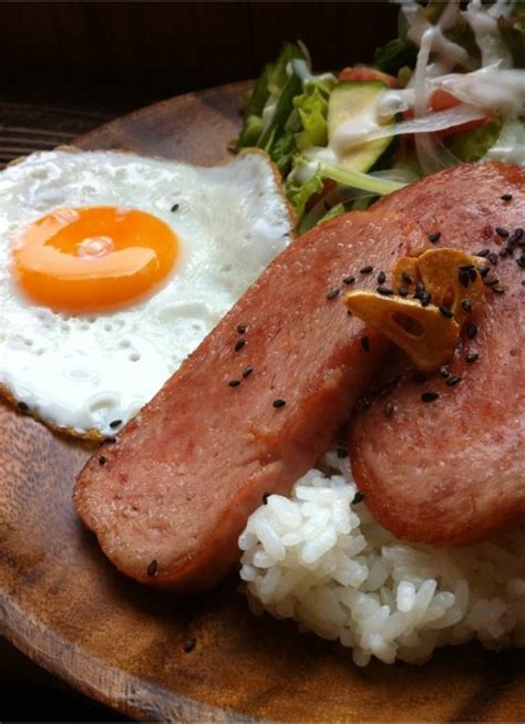 Pan fried spam, eggs over rice. | Fried spam, Gastronomy, Food