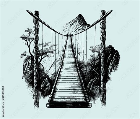 Wooden bridge in the mountains. Ropeway. Suspension bridge. Drawn in pencil on an isolated ...