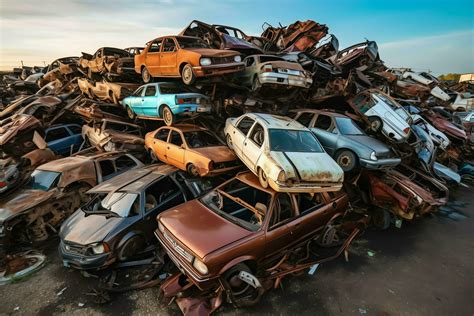 Rusting old junk cars with environment pollution in junkyard for ...