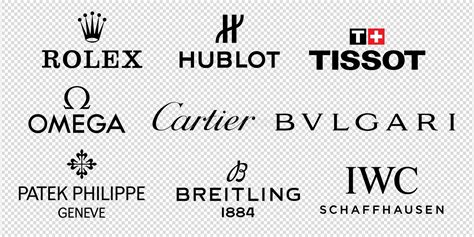 Logos of world watch brands. Rolex, Hublot, Tissot, Omega, Cartier, Bulgari, IWC, Breitling ...