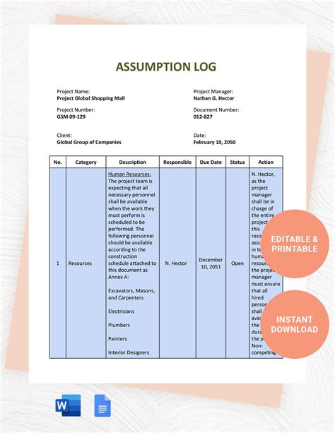 Assumptions Tracking Log Template in Word, Google Docs - Download ...