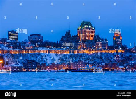 City skyline at twilight, showing Chateau Frontenac in winter, as seen ...