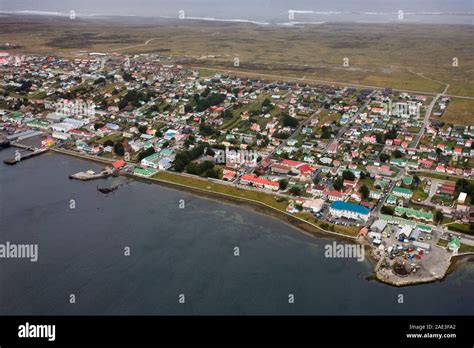 Aerial view of Stanley, the capital of the Falkland Islands (Islas ...