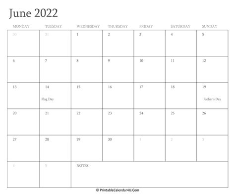 June 2022 Calendar Printable with Holidays