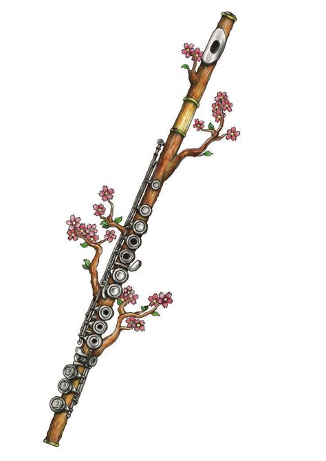 an artistic drawing of a flute with flowers on the tree branch in front ...