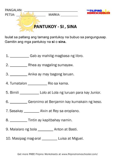 Free Pantukoy Worksheets – SI, SINA | Proper nouns worksheet, Nouns ...