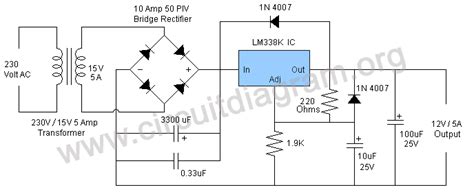 12V 5A Power Supply Using LM338 IC | Circuit Diagram