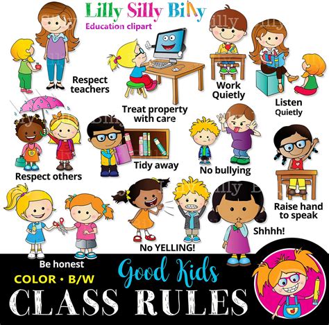 Classroom Rules BLACK AND WHITE and Color Educational Clipart, Classroom Community Rules ...