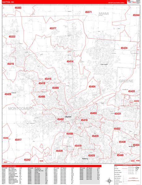 Dayton Ohio Zip Code Wall Map (Red Line Style) by MarketMAPS - MapSales