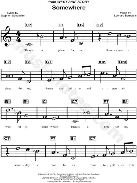 "Somewhere" from 'West Side Story' Sheet Music for Beginners in C Major ...