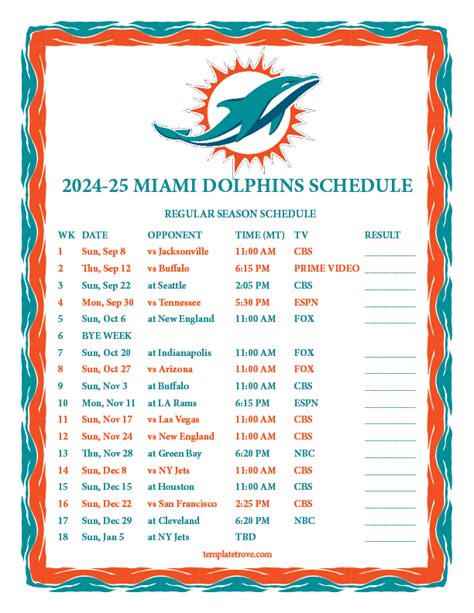 Printable 2024-2025 Miami Dolphins Schedule