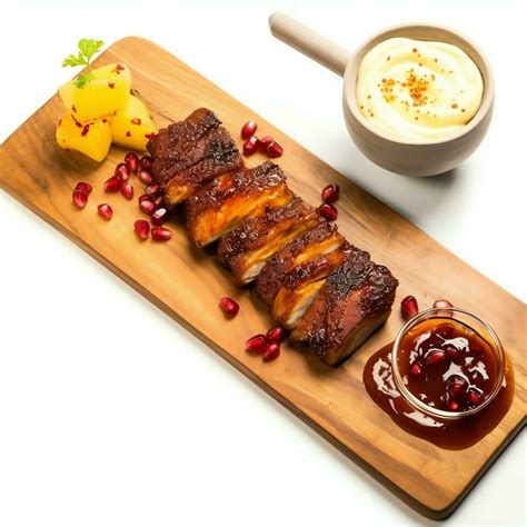 Pork belly braaivleis with mango and chili sauce served on a wooden plank. Restaurant food ...