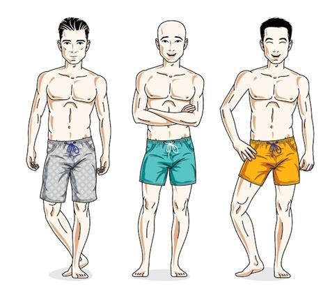 Premium Vector | Happy men posing with perfect body, wearing beach shorts. vector diverse people ...