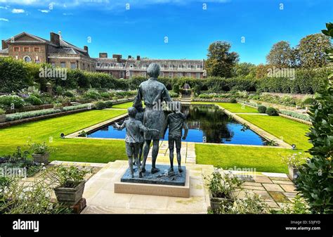 Back View Of Diana Princess Of Wales Memorial Statue at Kensington Palace Gardens in London ...