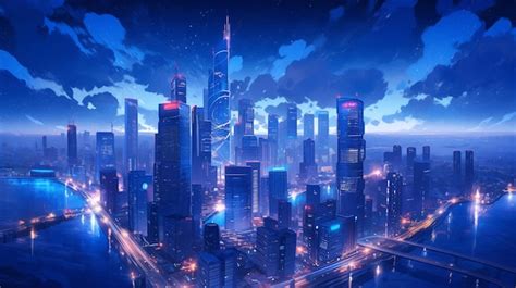 Premium AI Image | anime city skyline with skyscrapers and a bridge at ...