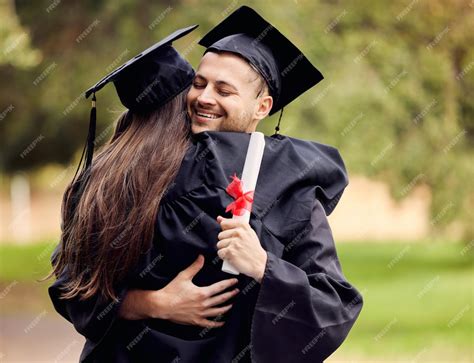 Premium Photo | Graduation success and friends hugging outdoor on university campus at a ...