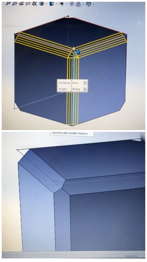 Why is it that when cube edges are chamfered individually they meets as 3 lines (bottom), but ...