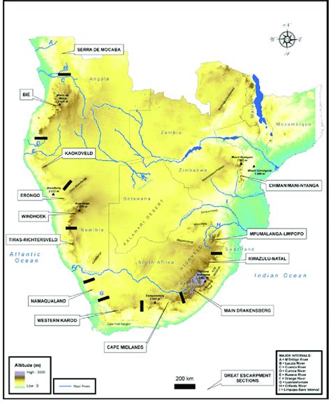 The Great Escarpment in southern Africa. Black bars are separators ...